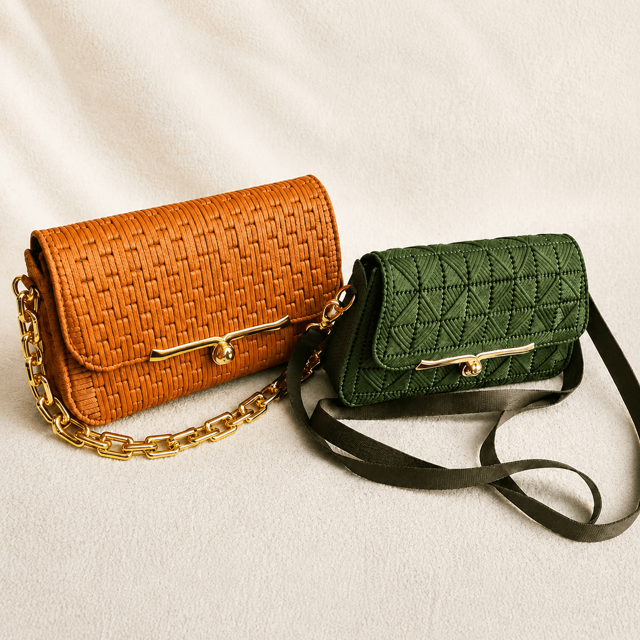 Bolsas artesanais Imperial nas cores caramelo e verde